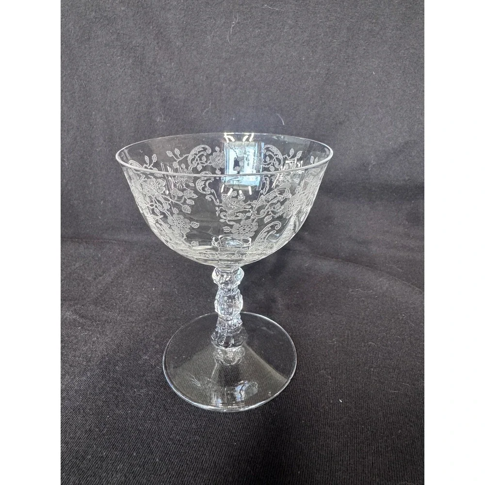 Vintage Etched Crystal Champagne Coupes Set of 4 Floral Scroll Cocktail Glasses
